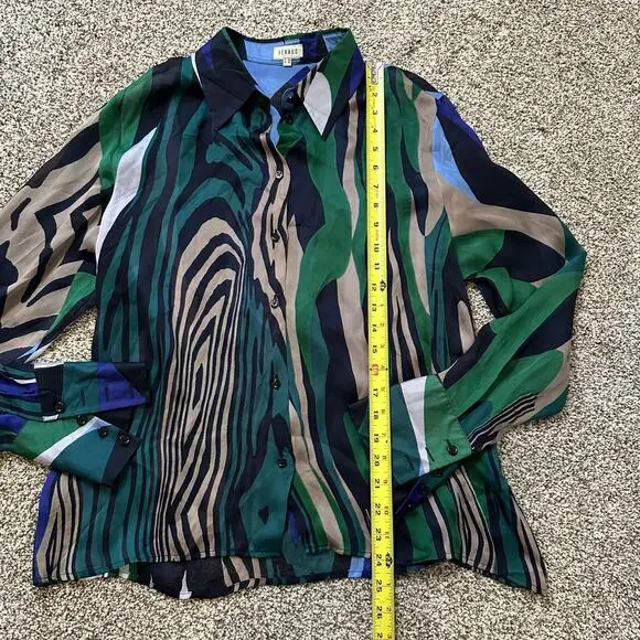 Feraud black, green, blue & purple button down silk top size 44 - Picture 9 of 11